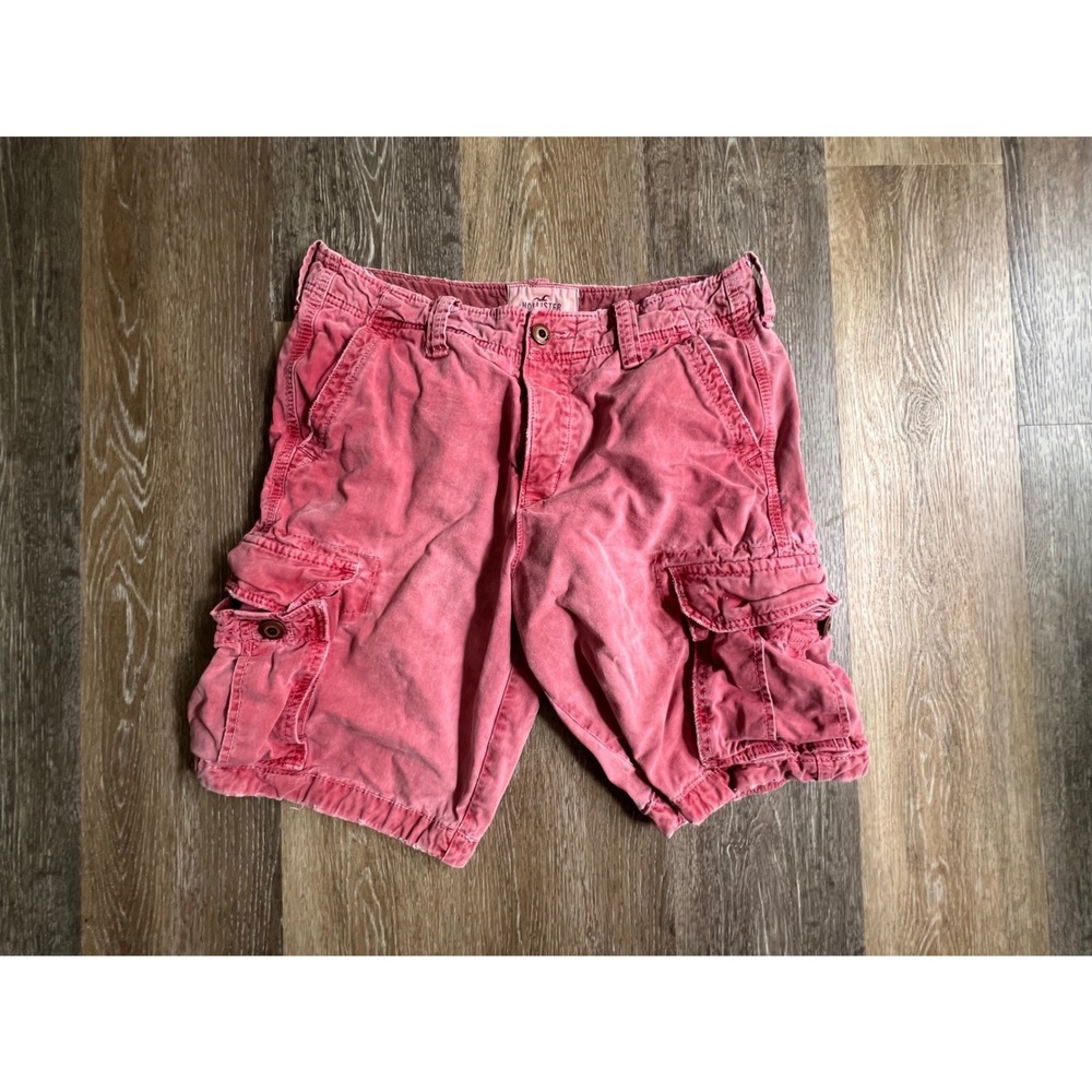 Hollister Cargo Shorts Mens 33 Red Faded Distressed Cotton Twill Utility Pocket